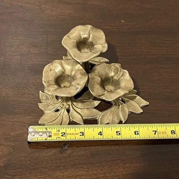 PAIR Brass Flower Candelabra Hollywood Regency Floral Candle Holders Mid Century